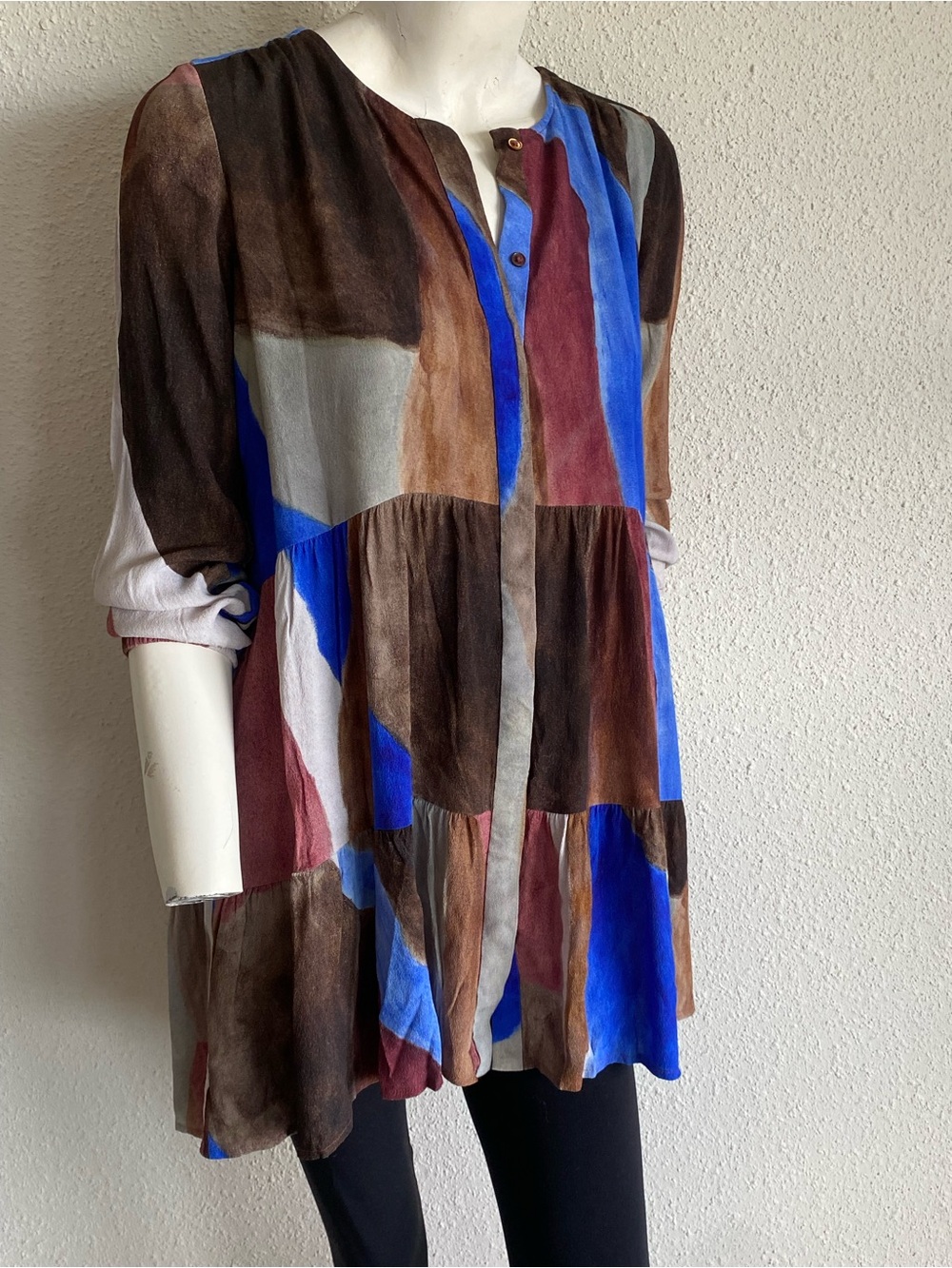 Wilfred XS Abstract Watercolor Tiered Tunic Dress Blue Brown Viscose Rayon